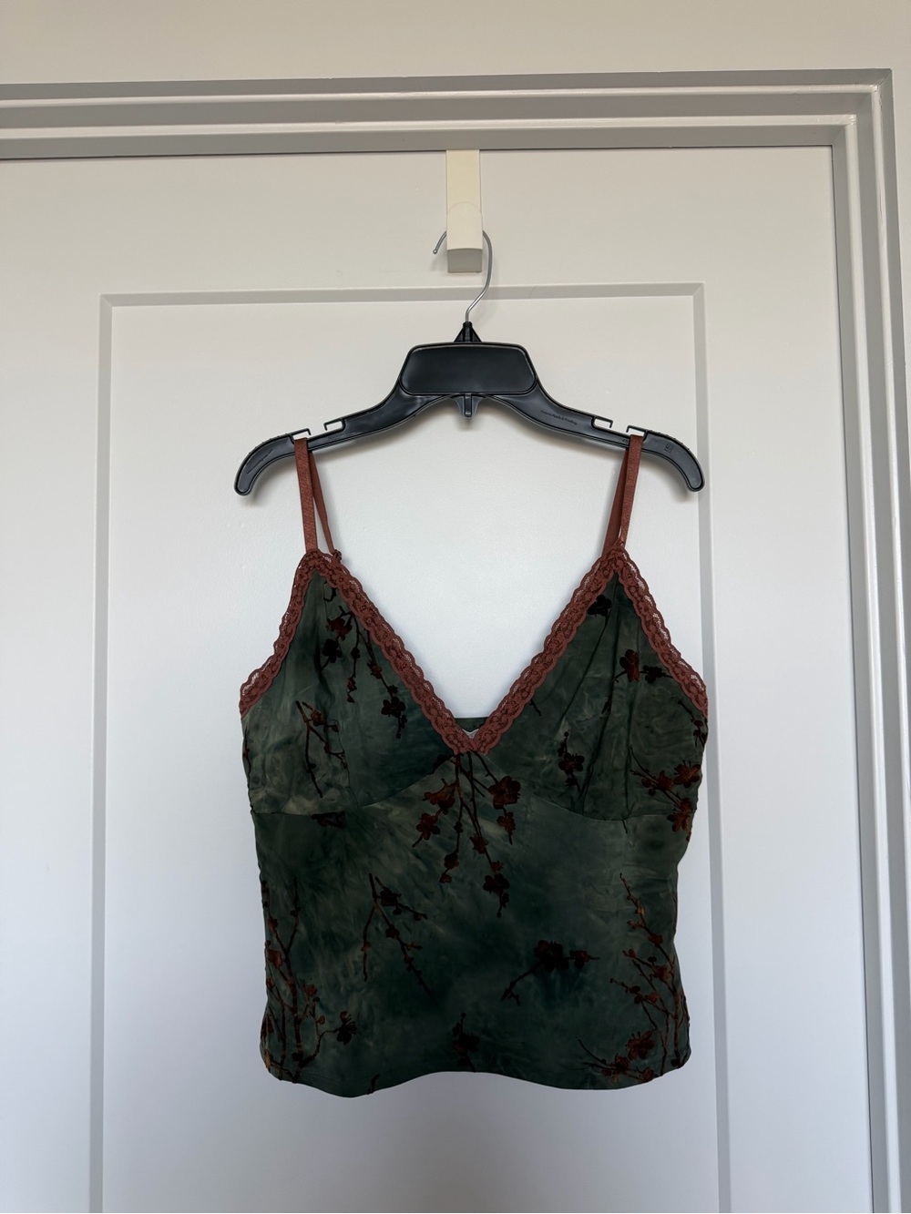 Full Tilt Green Floral Lace-Trim Cami with Brown Accents